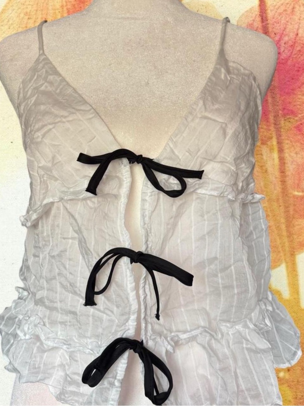 White Ruffled Tie-Front Cami with Black Bows